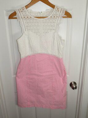 Lilly Pulitzer Women’s Pink/White Maya Shift Dress Seersucker Eyelet Lace Sz 10